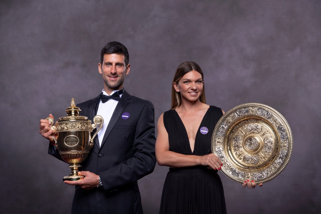 Novak Djokovic and Simona Halep after their Wimbledon titles in 2019