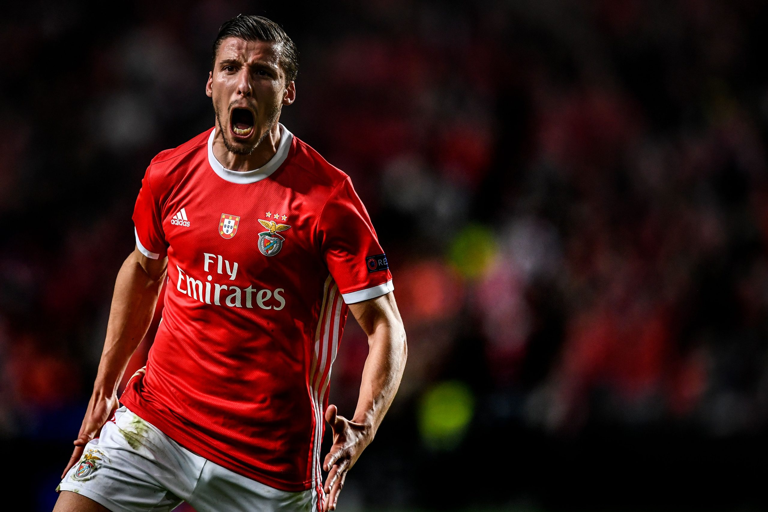 Benfica defender Ruben Dias celebrates after scoring in the UEFA Europa League match against Shakhtar Donetsk at the Luz stadium in Lisbon.