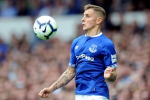 Everton star Lucas Digne attempts to control the ball in a Premier League clash