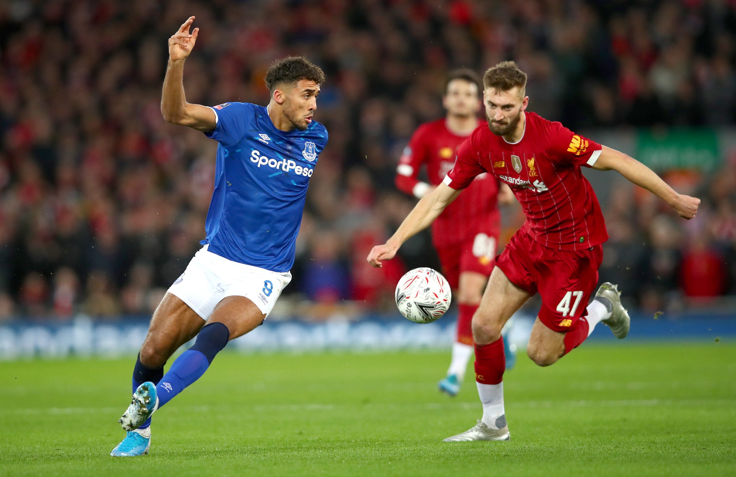 Dominic Calvert-Lewin of Everton is closed down by Nathaniel Phillips of Liverpool during the FA Cup third-round match between both the sides in January. 
