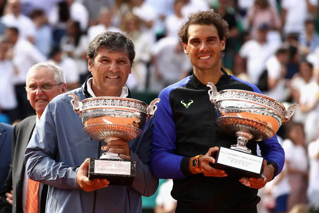 Rafael Nadal of Spain and his former coach, Toni Nadal after the former's victory at the 2017 French Open.