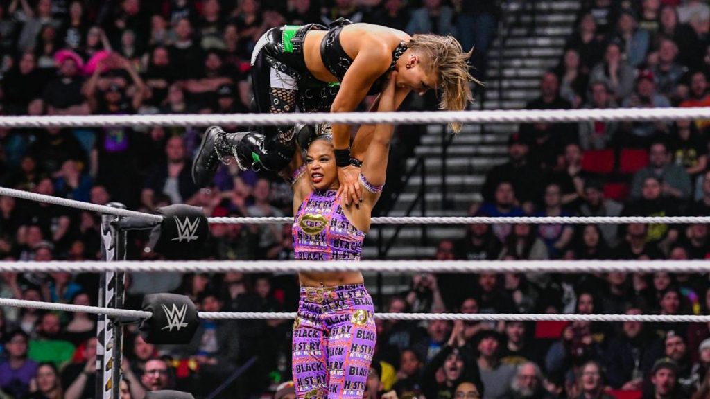 Bianca Belair in action against Rhea Ripley