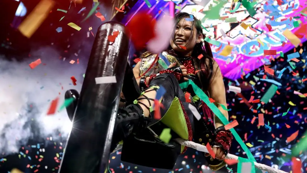 Io Shirai celebrates after winning the NXT Women's title