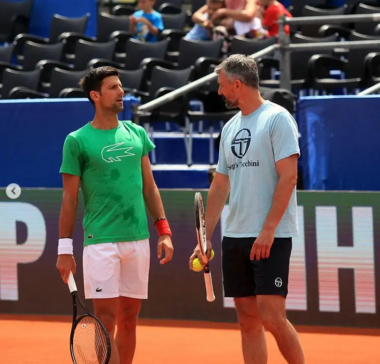 Novak Djokovic with his coach and director of Adria Tour 2020 second leg, Goran Ivanisevic, during a practice session in Zadar, Croatia.