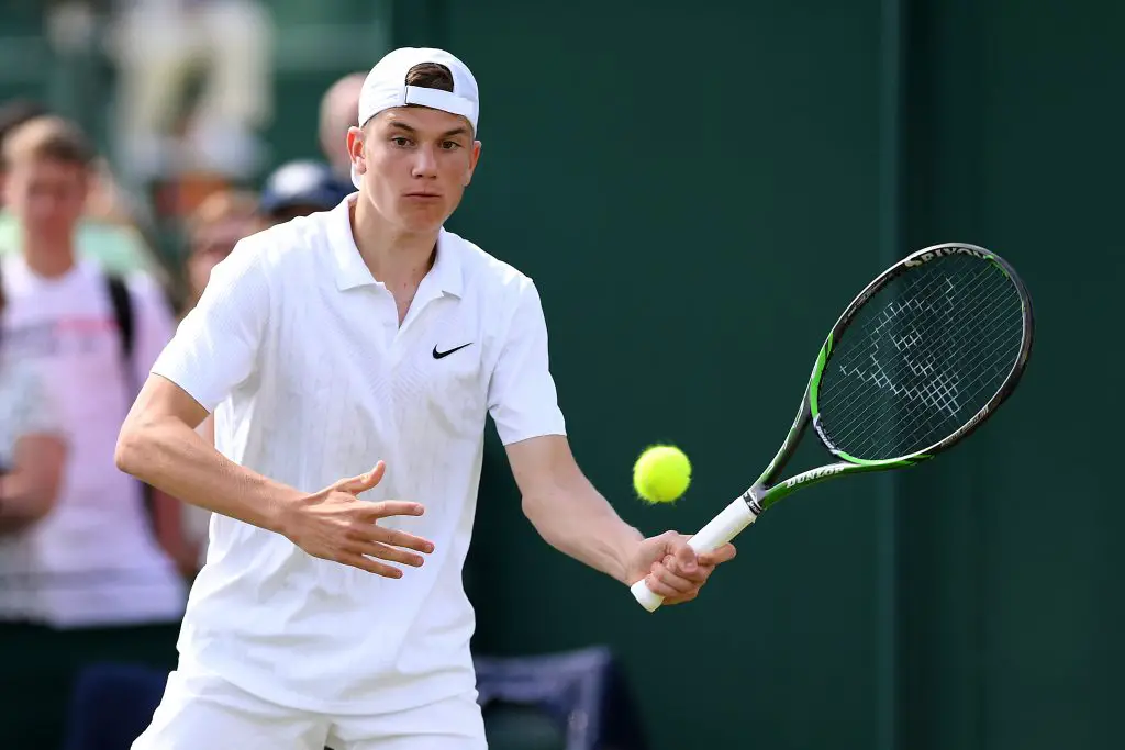 Jack Draper of Great Britain in action during the men's doubles first-round during the 2019 Wimbledon Championships at All England Lawn Tennis and Croquet Club on July 03, 2019 in London, England.