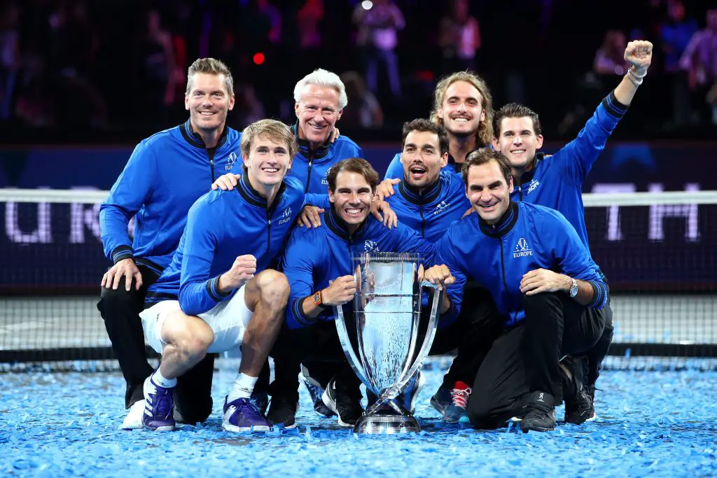 Bjorn Borg (second row, second from left), captain of Team Europe, pose with the side's players after their victory in the 2019 Laver Cup tournament.