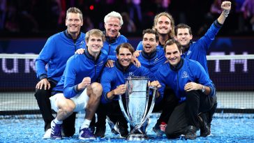 Bjorn Borg (second row, second from left), captain of Team Europe, pose with the side's players after their victory in the 2019 Laver Cup tournament.