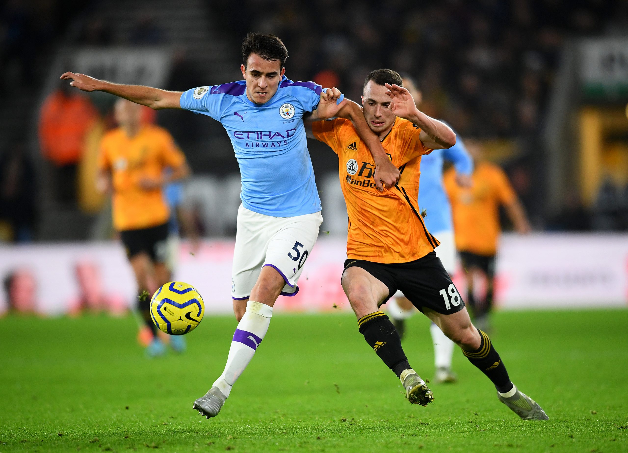 Eric Garcia of Manchester City and Diogo Jota of Wolverhampton Wanderers vie for the ball during the Premier League match between both sides last December.