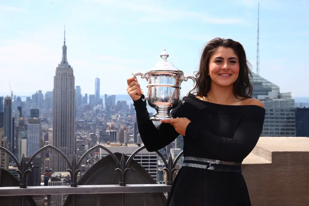 Bianca Andreescu of Canada poses with her trophy after winning the 2019 US Open.