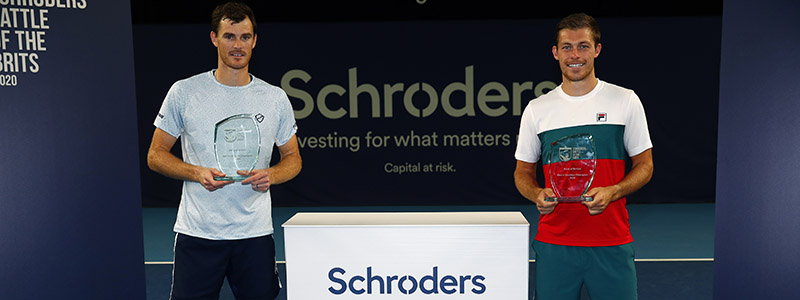 Jamie Murray and Neal Skupski pose with their trophies following their victory in the doubles final at Battle of the Brits at the National Tennis Centre on June 27, 2020 in London, England.