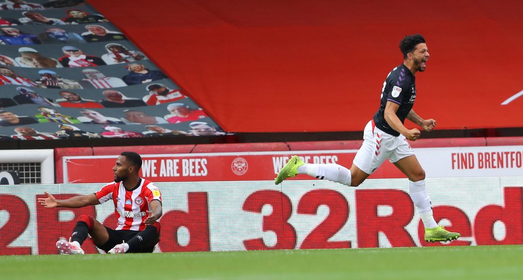 Macauley Bonne (R) celebrates after scoring against Brentford (Getty Images)