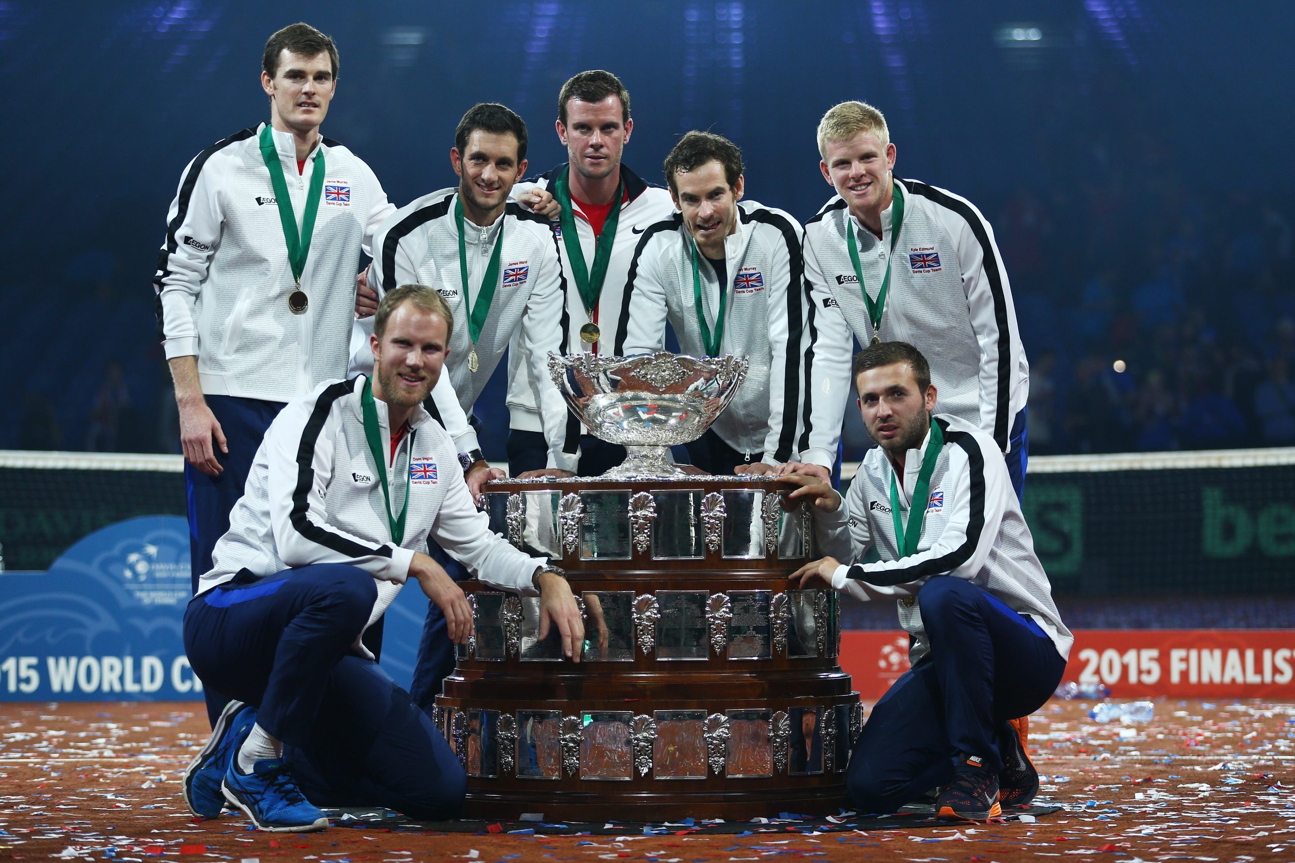Dan Evans (bottom right) of Great Britain pose with his fellow teammates after winning the 2015 Davis Cup in Ghent, Belgium.