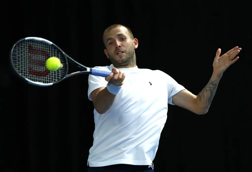 Dan Evans plays a forehand in the final against Kyle Edmund at the recently concluded Battle of the Brits at National Tennis Centre on June 28, 2020, in London, England.