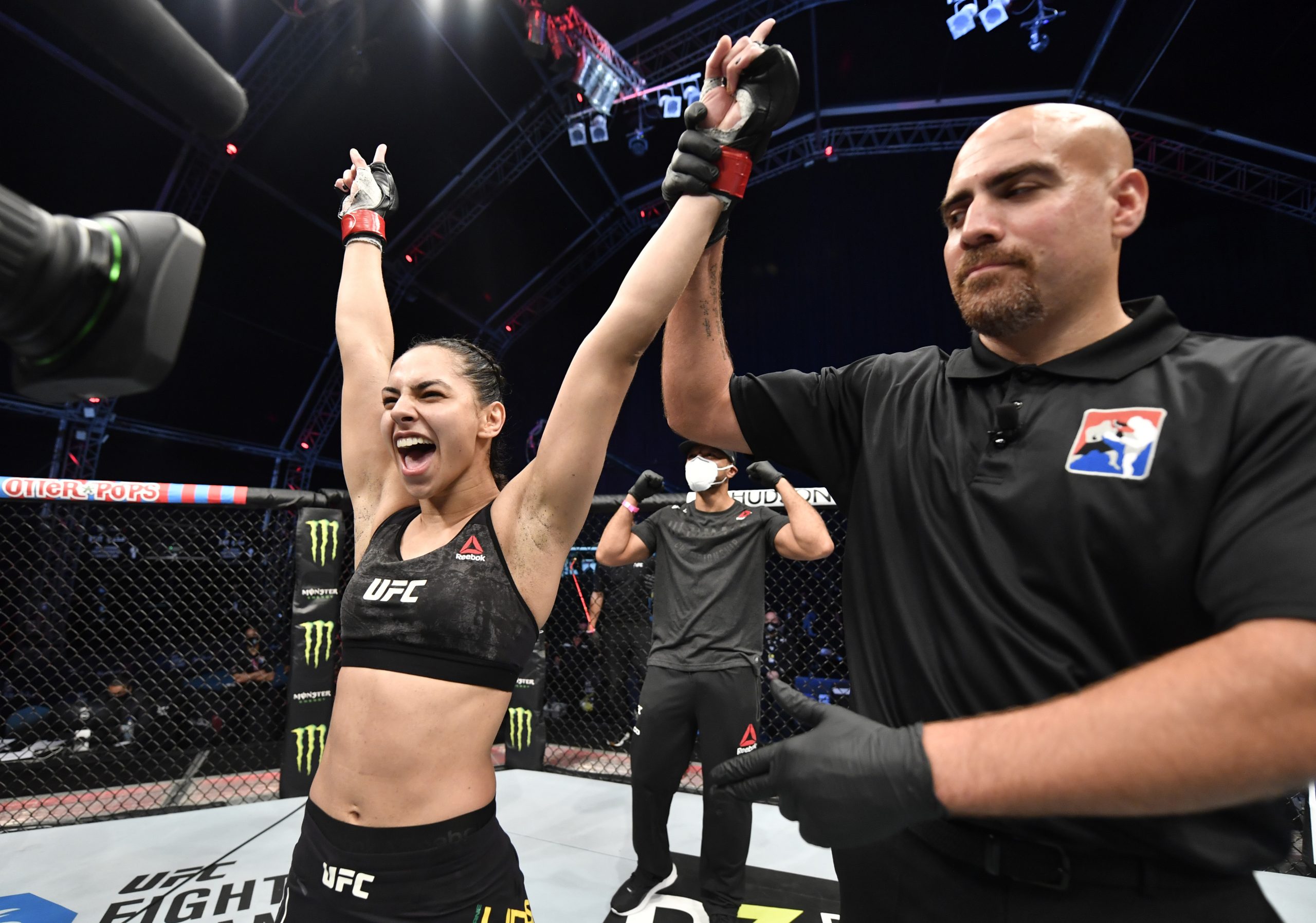 Ariane Lipski celebrates her win at UFC Fight Night 172