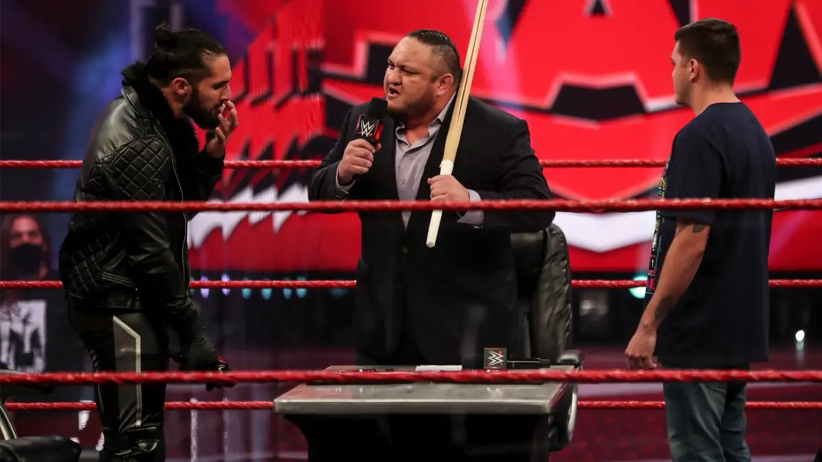 Seth Rollins, Samoa Joe and Dominik in the ring