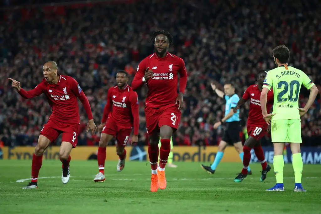 Divock Origi (C) celebrates after scoring a crucial goal against Barcelona in the Champions league lasts eason (Getty Images)