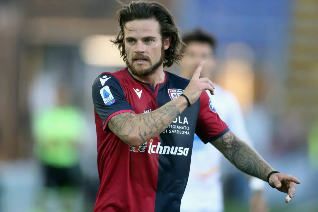 Nahitan Nandez of Cagliari in action during the Serie A match against US Lecce at Sardegna Arena on July 12, 2020