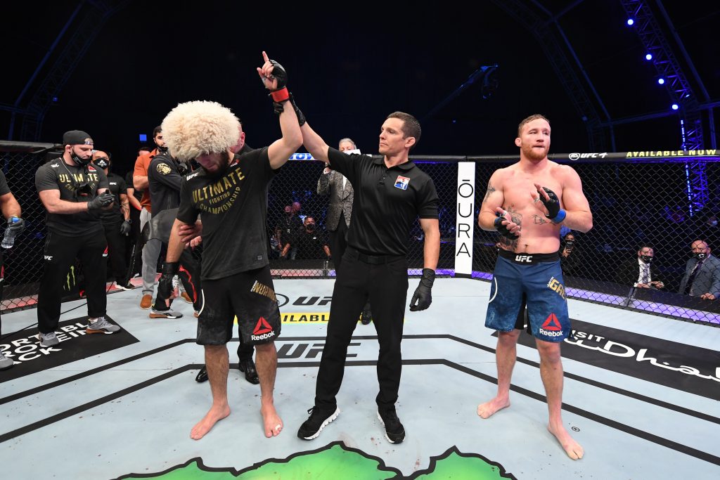 Khabib Nurmagomedov of Russia celebrates his victory over Justin Gaethje at UFC 254. (Photo by Josh Hedges/Zuffa LLC via Getty Images)