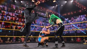 A hooded figure attacks Shotzi Blackheart on WWE NXT