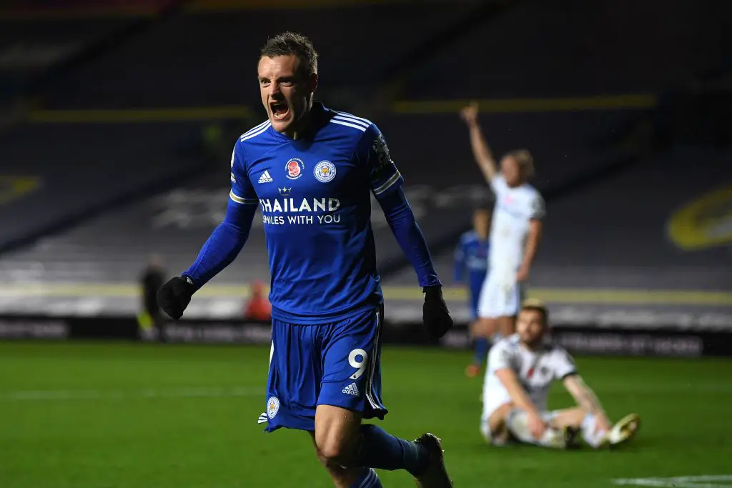  Jamie Vardy of Leicester City celebrates after scoring his team's third goal during the Premier League match between Leeds United and Leicester City at Elland Road 