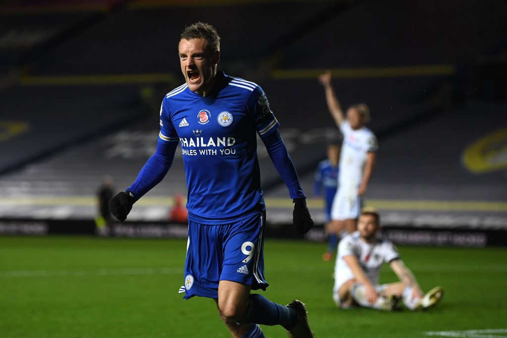 Jamie Vardy of Leicester City celebrates after scoring his team's third goal during the Premier League match between Leeds United and Leicester City at Elland Road