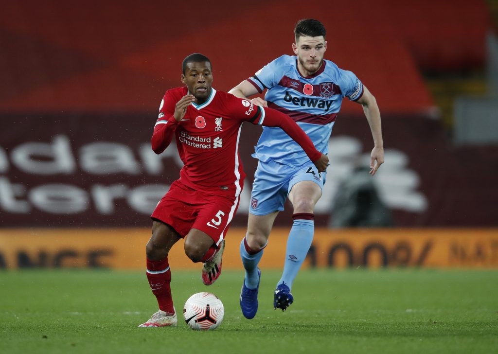 Declan Rice in action against Georginio Wijnaldum of Liverpool. 
