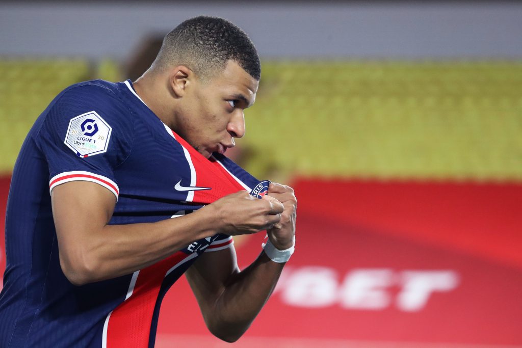 Paris Saint-Germain's French forward Kylian Mbappe reacts after a goal then disallowed during the French L1 football match between Monaco (ASM) and Paris Saint-Germain (PSG) at the Louis II Stadium in Monaco on November 20, 2020. (Photo by Valery HACHE / AFP) (Photo by VALERY HACHE/AFP via Getty Images)