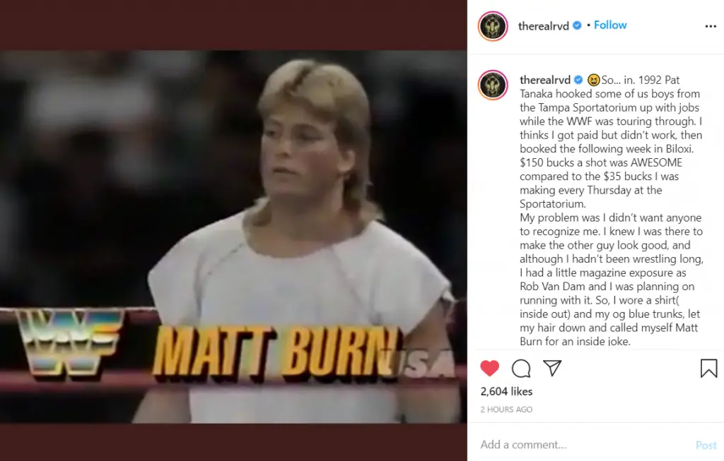 RVD shared a photo of his attire for his match against the Mountie in 1992 as Matt Burn. (Image Credits: @therealrvd on Instagram)