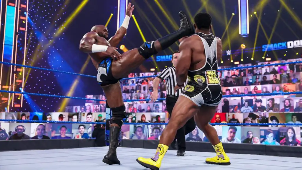 Big E and Apollo Crews during Intercontinental title bout on SmackDown.