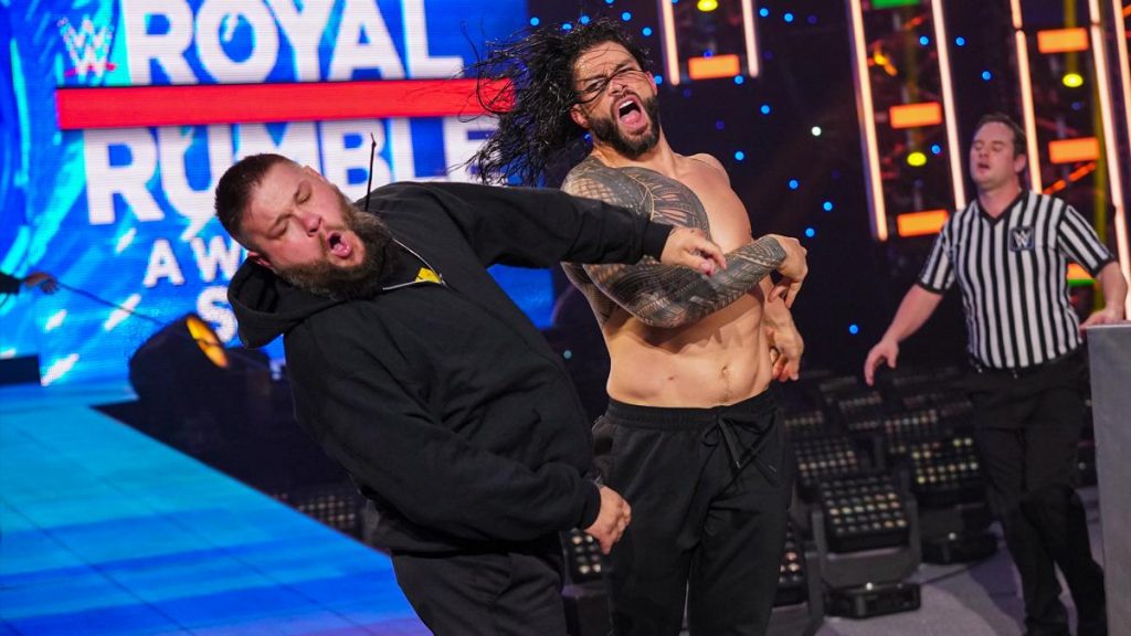 Kevin Owens with Roman Reigns at WWE Royal Rumble. (WWE)