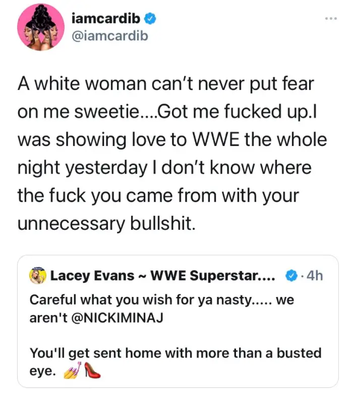 Cardi B replying to Lacey Evans on Twitter in a tweet which has since been deleted. (Image Credits: @iamcardib on Twitter)