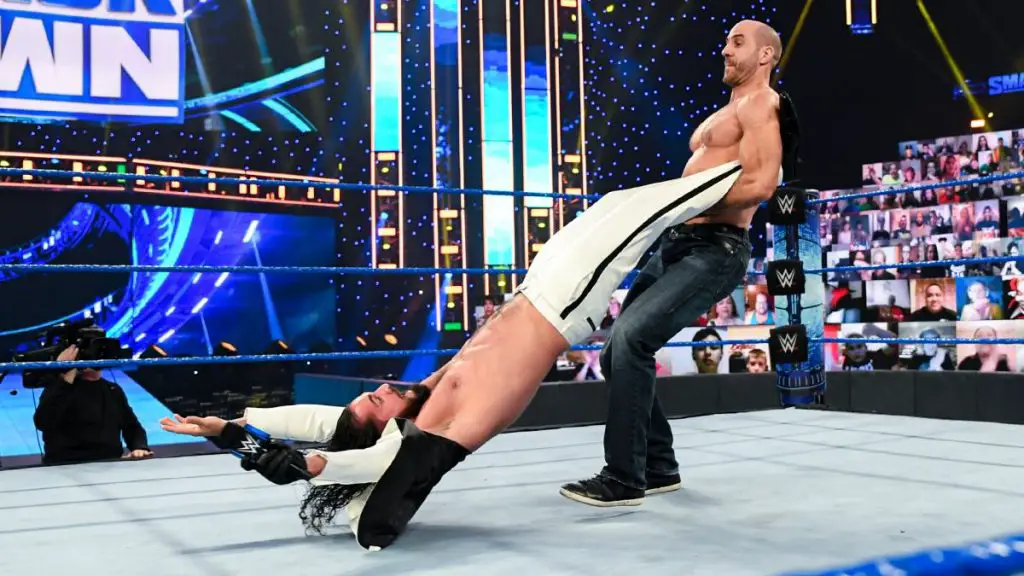 Cesaro took Rollins out for a swing on SmackDown last month. (WWE)