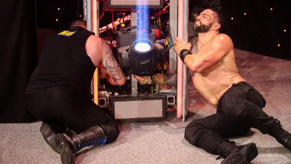 Kevin Owens handcuffed Roman Reigns at the Royal Rumble. (WWE)