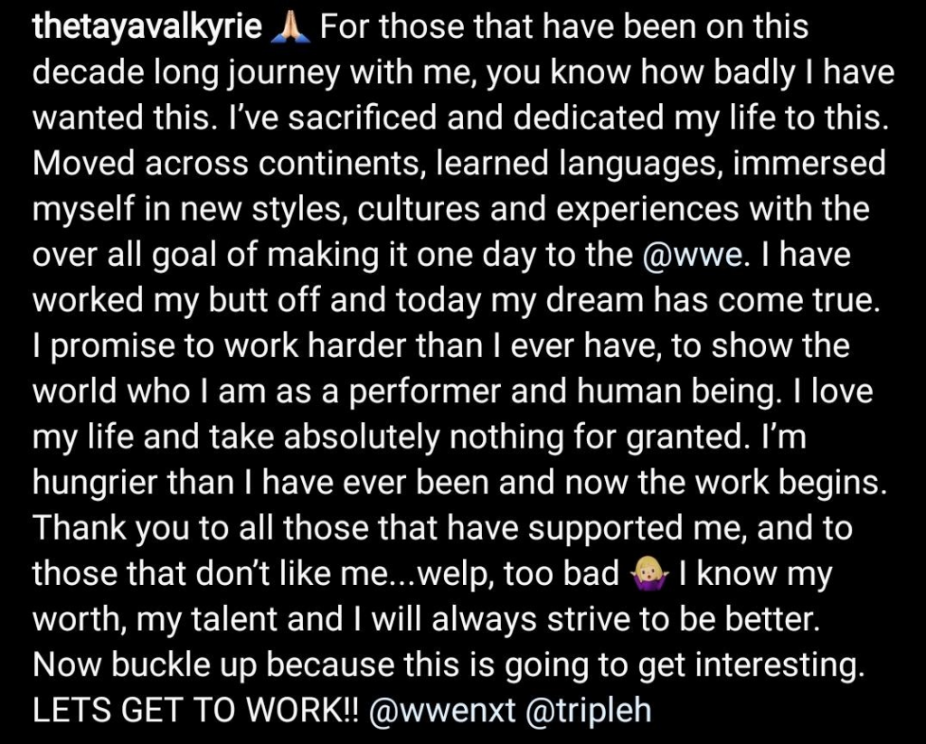 Taya Valkyrie on her Instagram after signing her new WWE contract. (Image Credits: @thetayavalkyrie on Instagram)