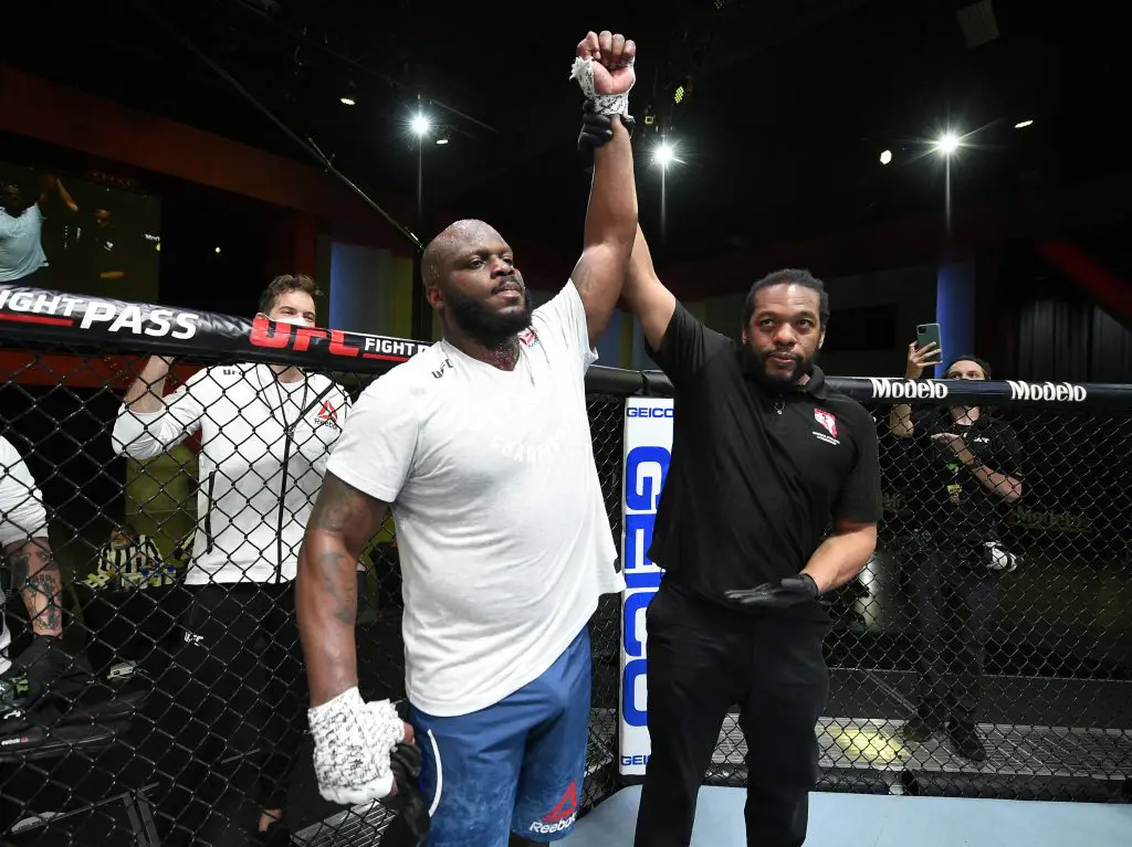 Derrick Lewis reacts after his knockout victory over Curtis Blaydes in a heavyweight bout during UFC Fight Night 185.