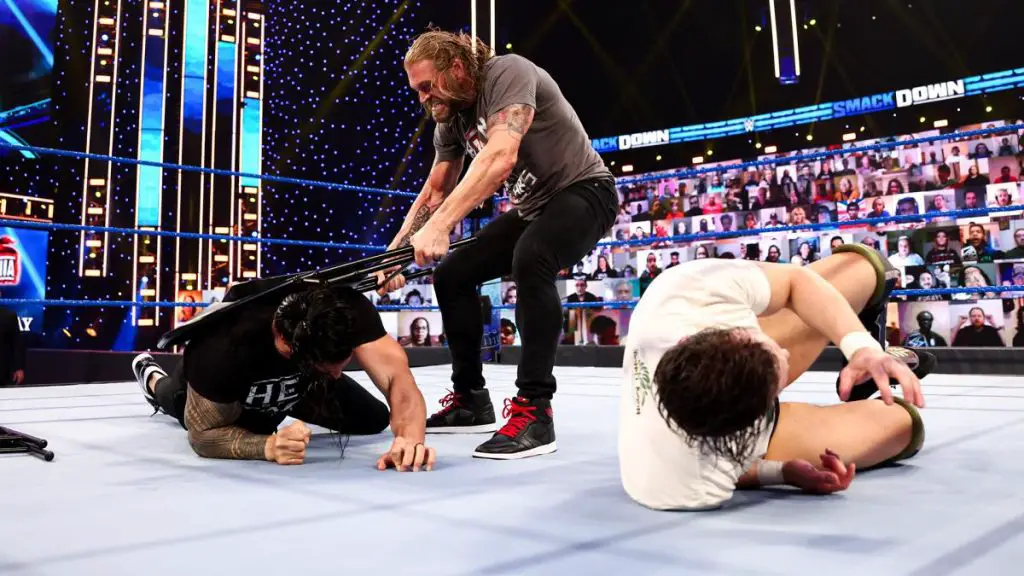 Edge laid out Reigns and Bryan on SmackDown earlier this year. (WWE)