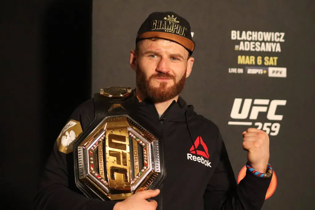 Jan Blachowicz with the UFC light heavyweight belt which he defended at UFC 259 against Israel Adesanya.
