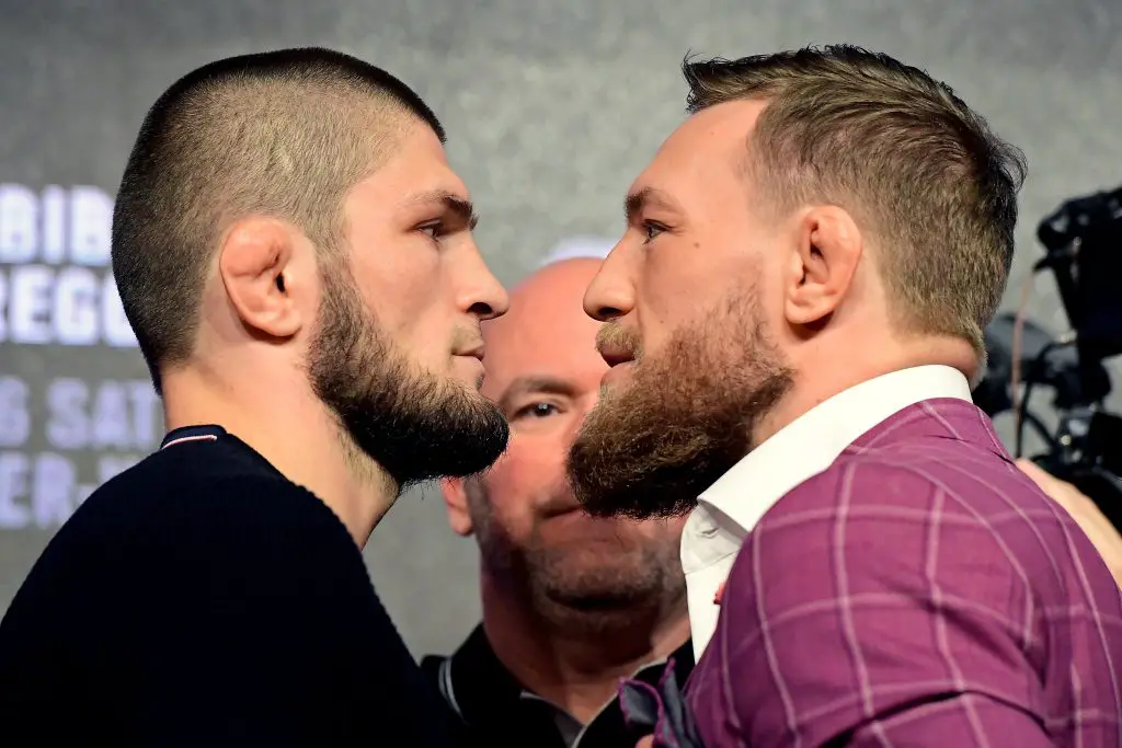 Khabib Nurmagomedov and Conor McGregor face off before UFC 229 bout. (Photo by Steven Ryan/Getty Images)