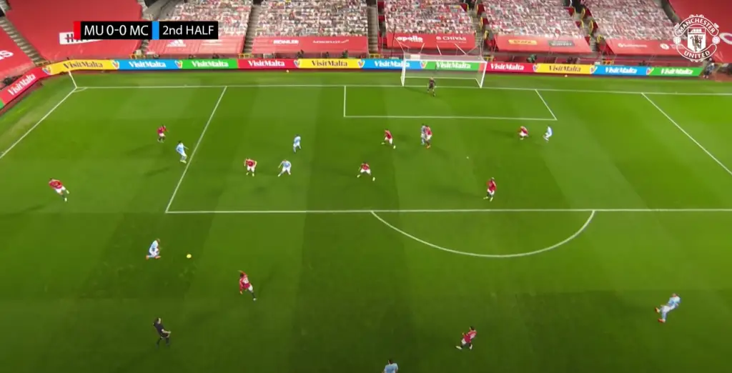 Manchester United with 11 men inside their own final third of the pitch against Manchester City in their December 2020 encounter which ended 0-0. A prime example of inviting the big teams to attack and try and hit on the counter. (Image Credits: Official Manchester United YouTube account)