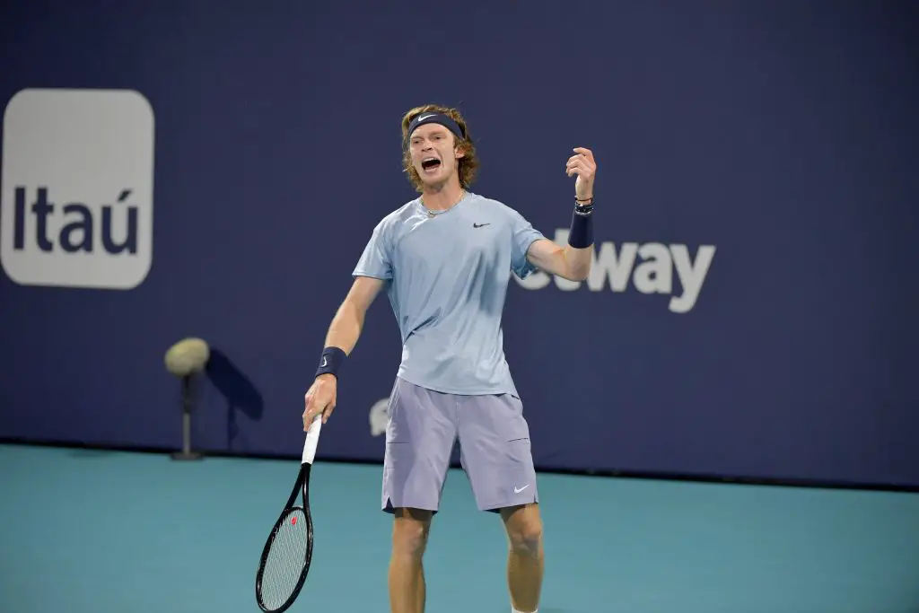 Andrey Rublev in action during the Miami Open 2021