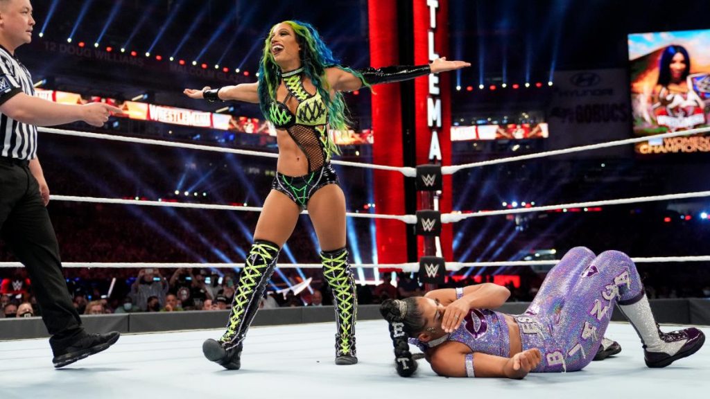 Sasha Banks in action against The EST Bianca Belair at WrestleMania 37. (WWE)