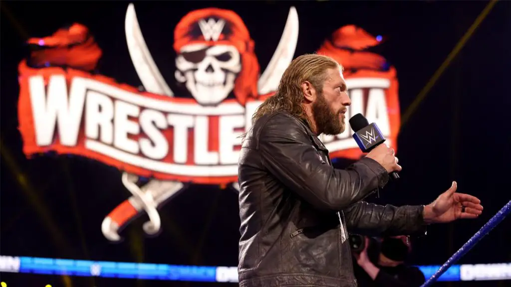 Edge faced Roman Reigns and Daniel Bryan at WrestleMania 37. (WWE)