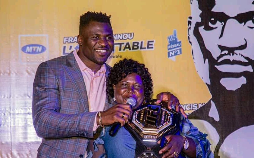 Francis Ngannou and his mother celebrate his UFC win