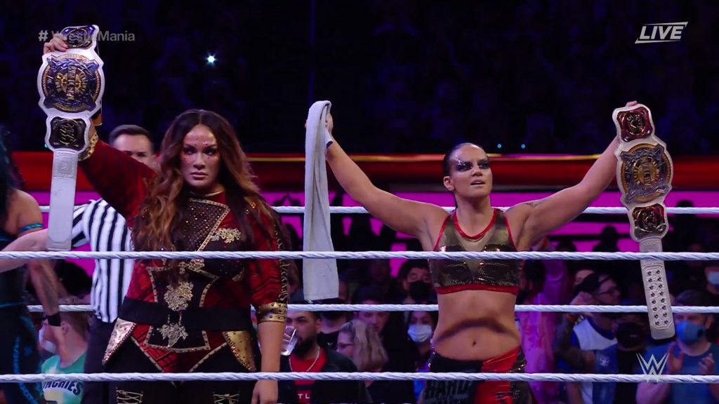 Nia Jax and Shayna Baszler retained their titles after beating Natalya and Tamina at WrestleMania 37. (WWE)
