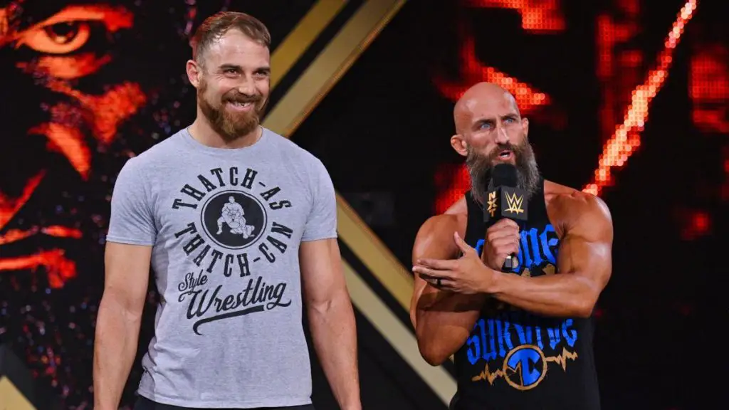 Tommaso Ciampa (R) is yet to feature at a WrestleMania event. (WWE)