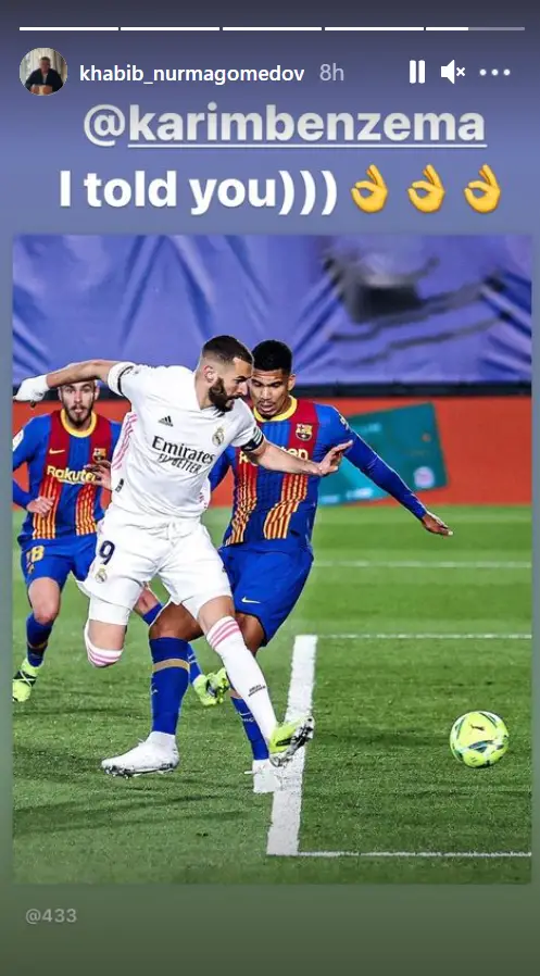 Khabib Nurmagomedov celebrates Real Madrid’s win with Karim Benzema