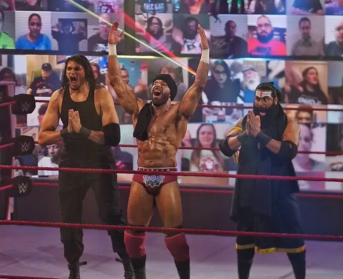 Jinder Mahal with his faction members, Veer and Shanky. (WWE)