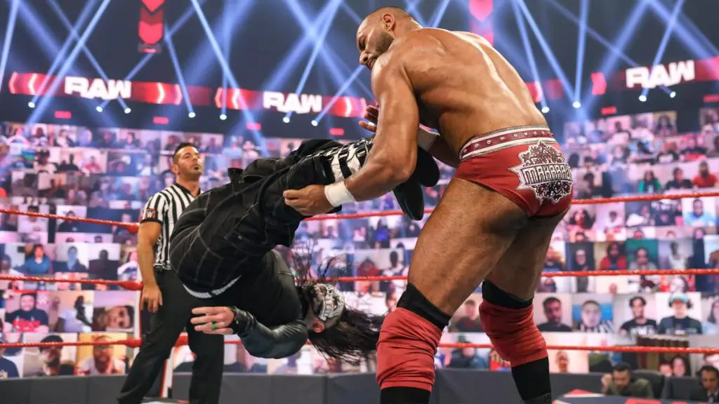 Jinder Mahal going to town against Jeff Hardy on RAW. (WWE)