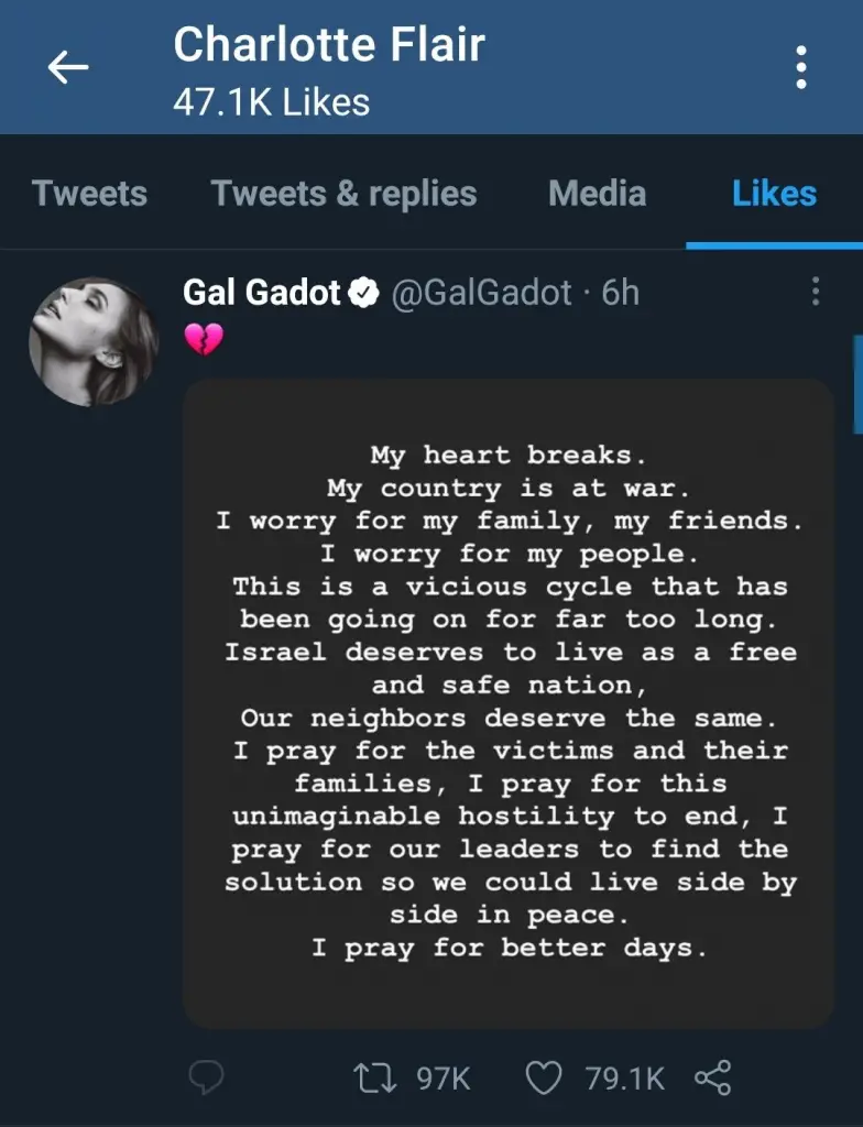 Gal Gadot tweeted about Israel's attacks on Palestine.