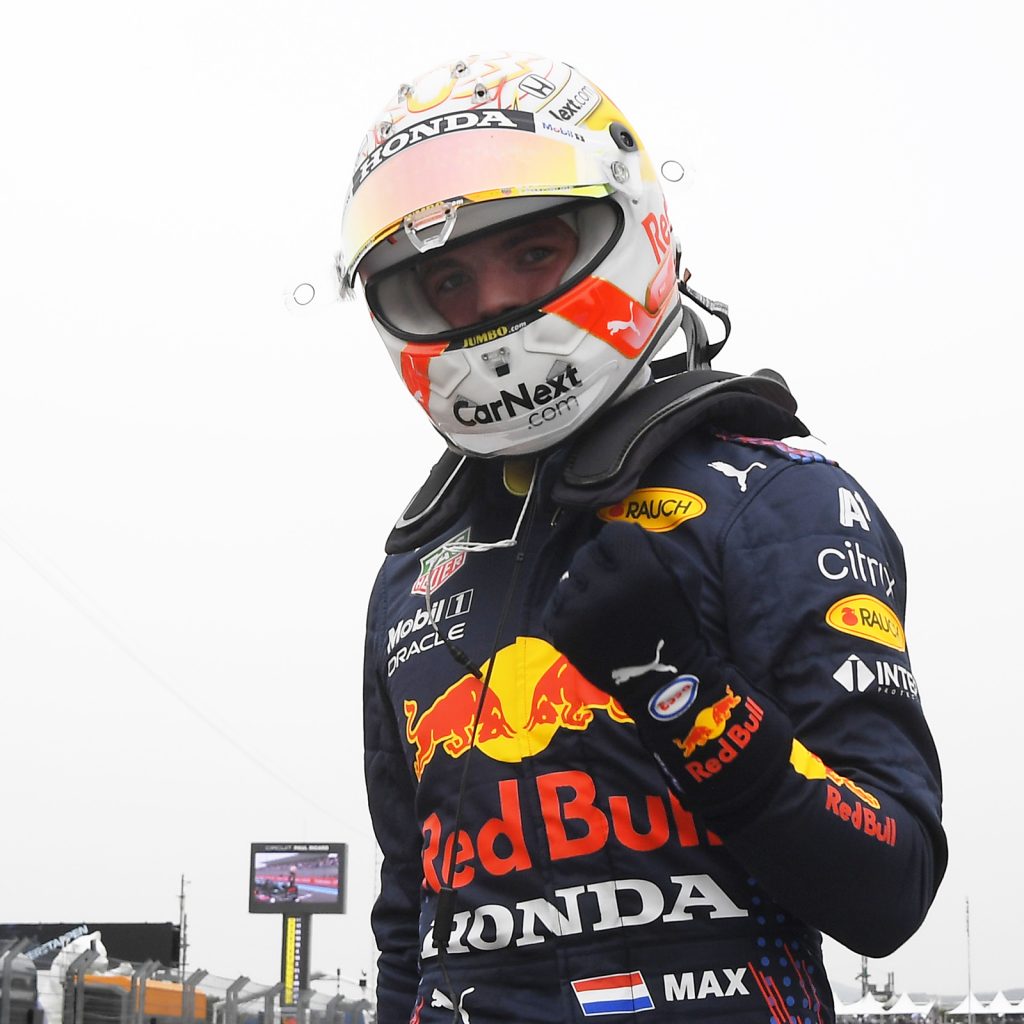 Max Verstappen celebrates after taking pole position during qualifying for the 2021 French GP